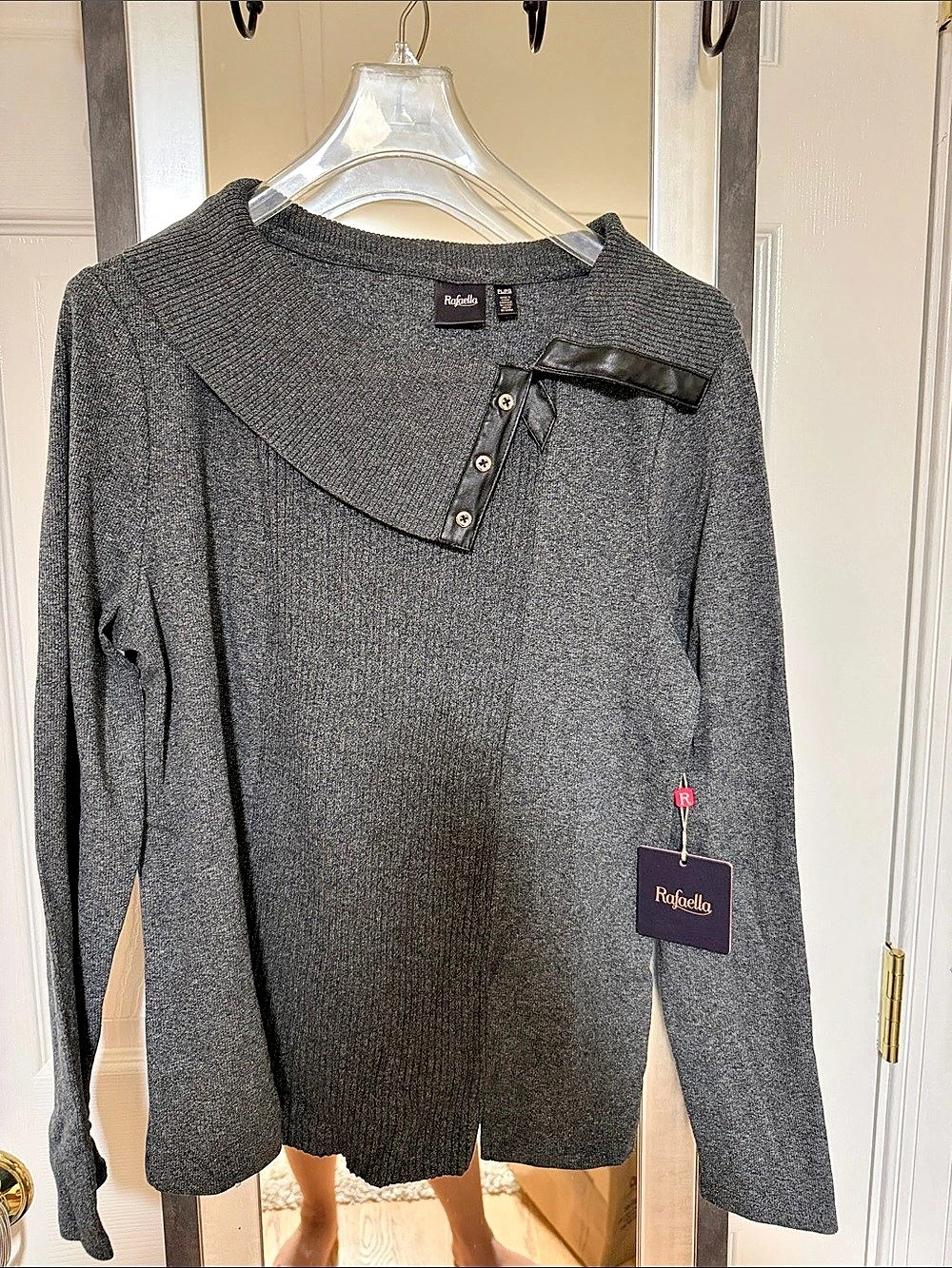 Rafaella Ribbed Faux Leather Trim Cowl Neck Sweater Gray Cowl Neck Sweater